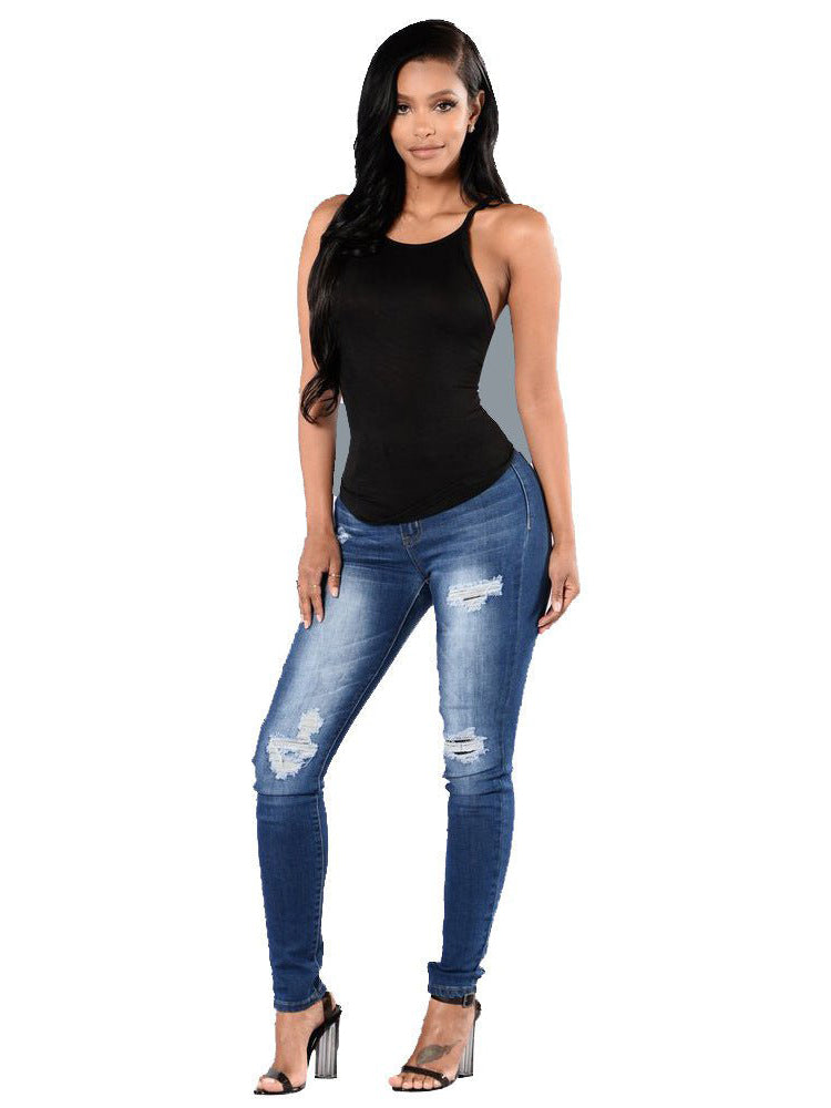 Jeans strappati con sollevamento dei fianchi elastici alti alla moda da donna
